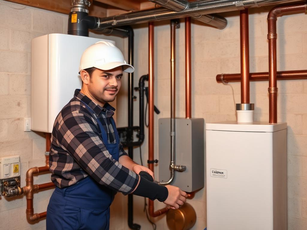 Plumber installing residential boiler and copper pipes