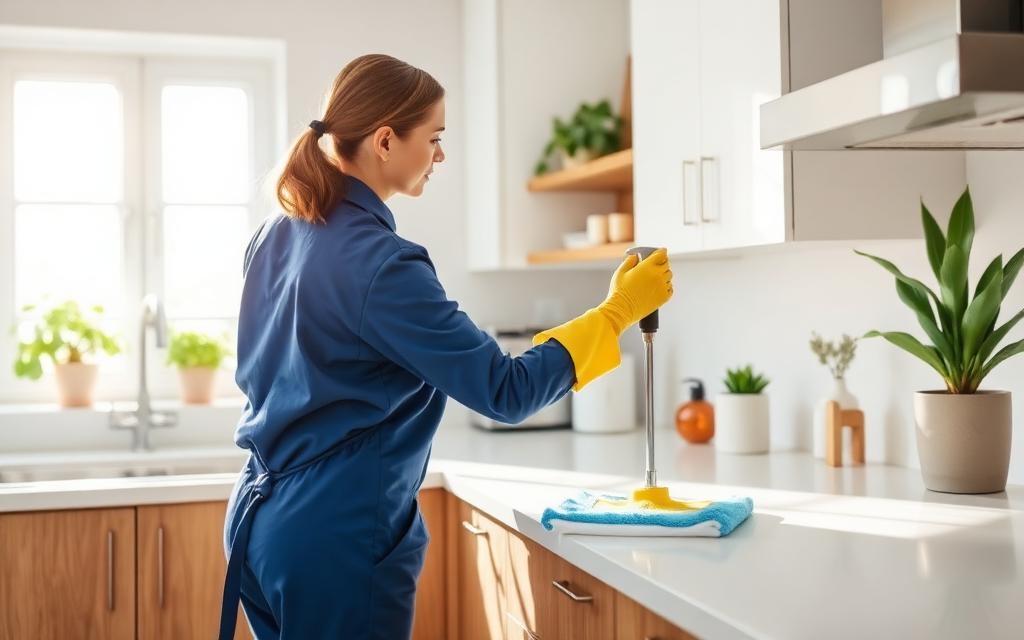 Professional cleaner sanitizing a modern kitchen