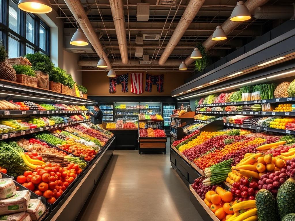 Upscale grocery store interior with abundant fresh produce displays