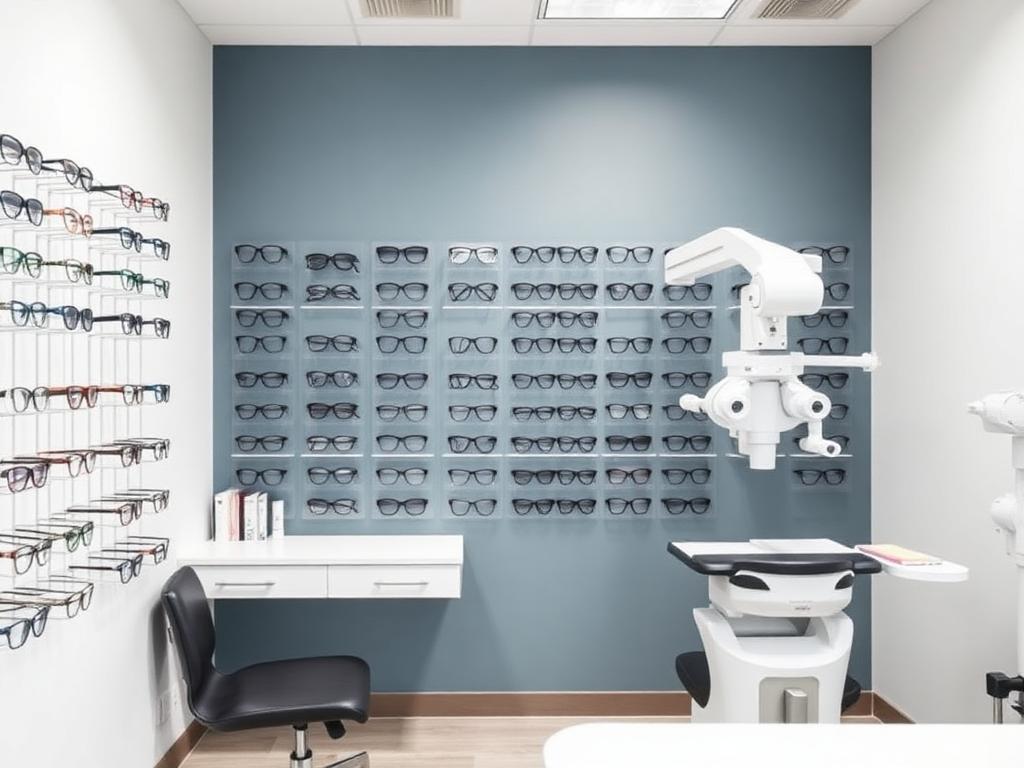 Modern optometry office with eyeglass display wall and exam equipment