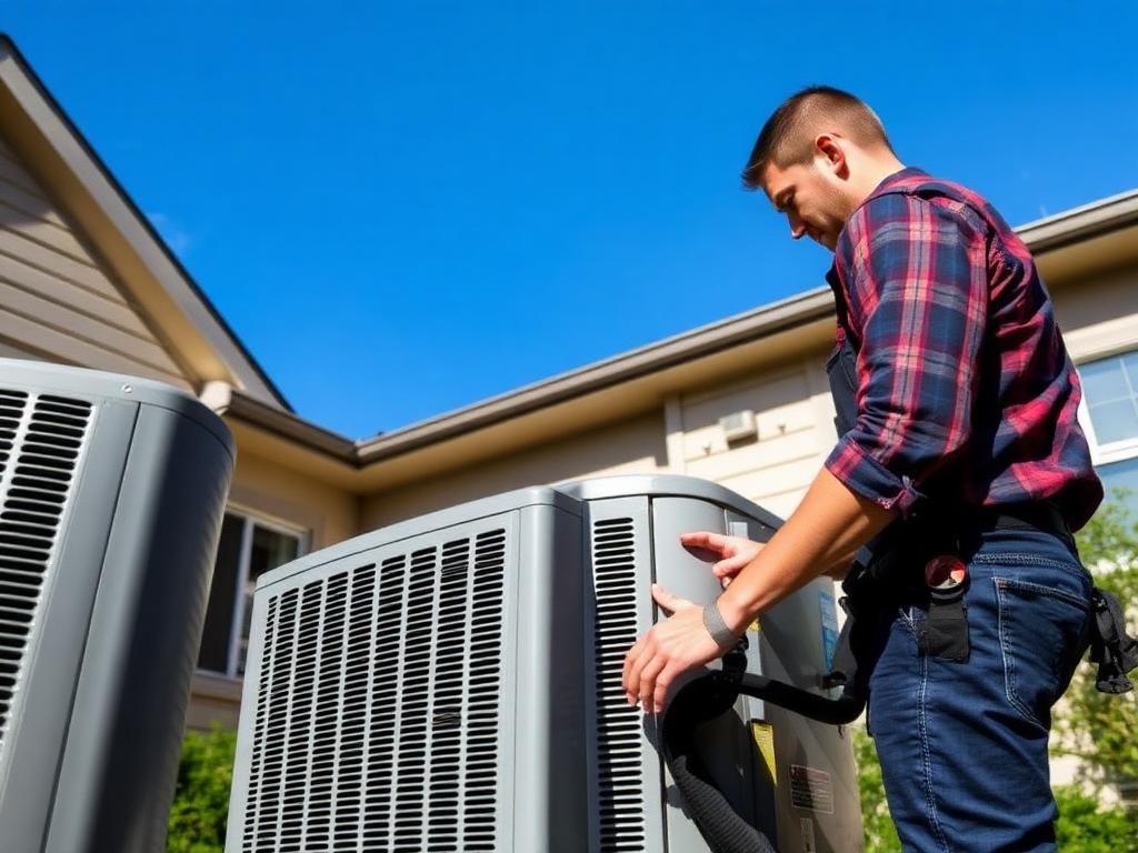 HVAC technician servicing residential air conditioning condenser