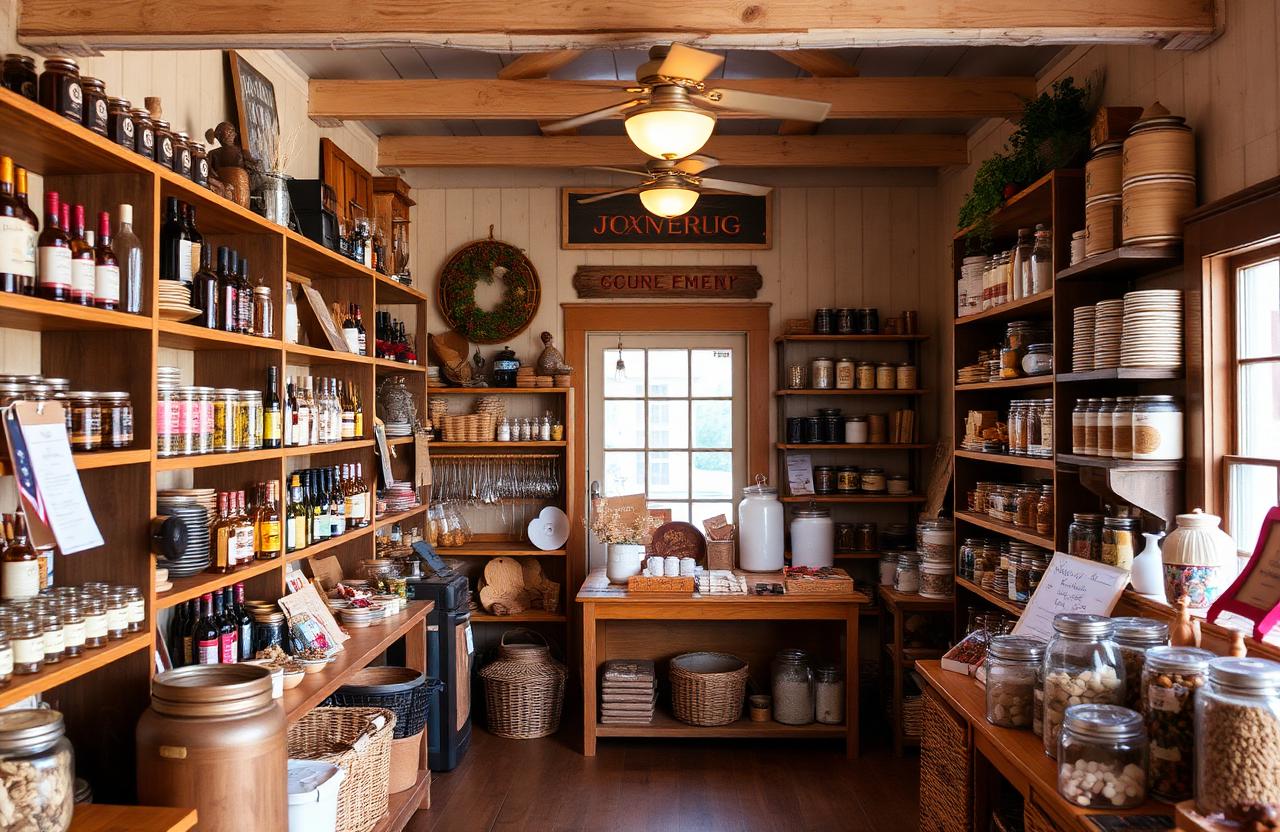 Charming small-town general store interior with shelves of artisan goods