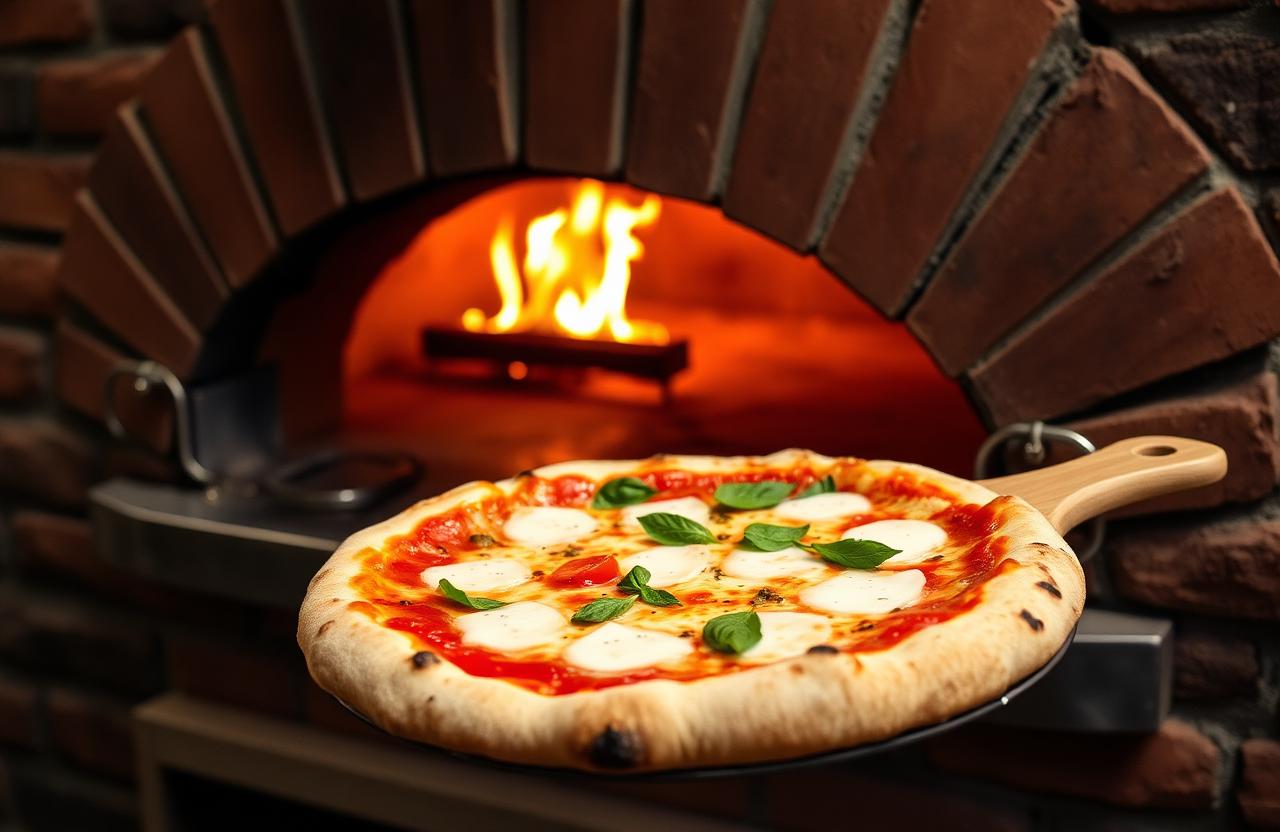Wood-fired brick oven with a fresh Margherita pizza on a wooden peel