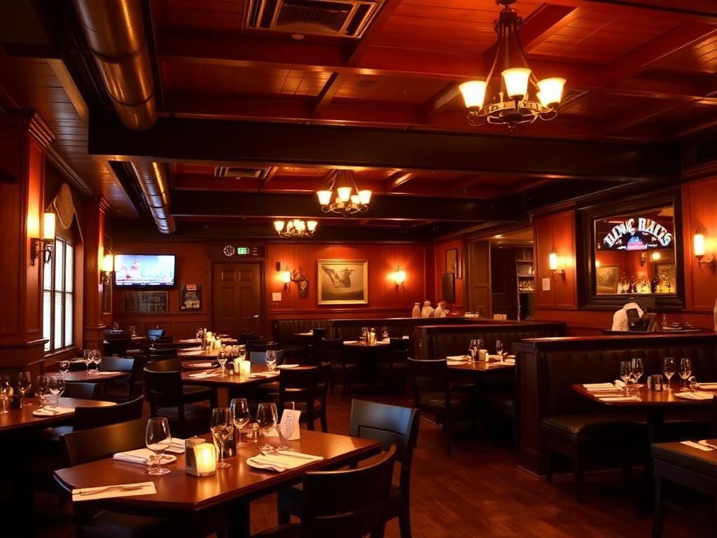 Warm wood-paneled American restaurant and bar interior