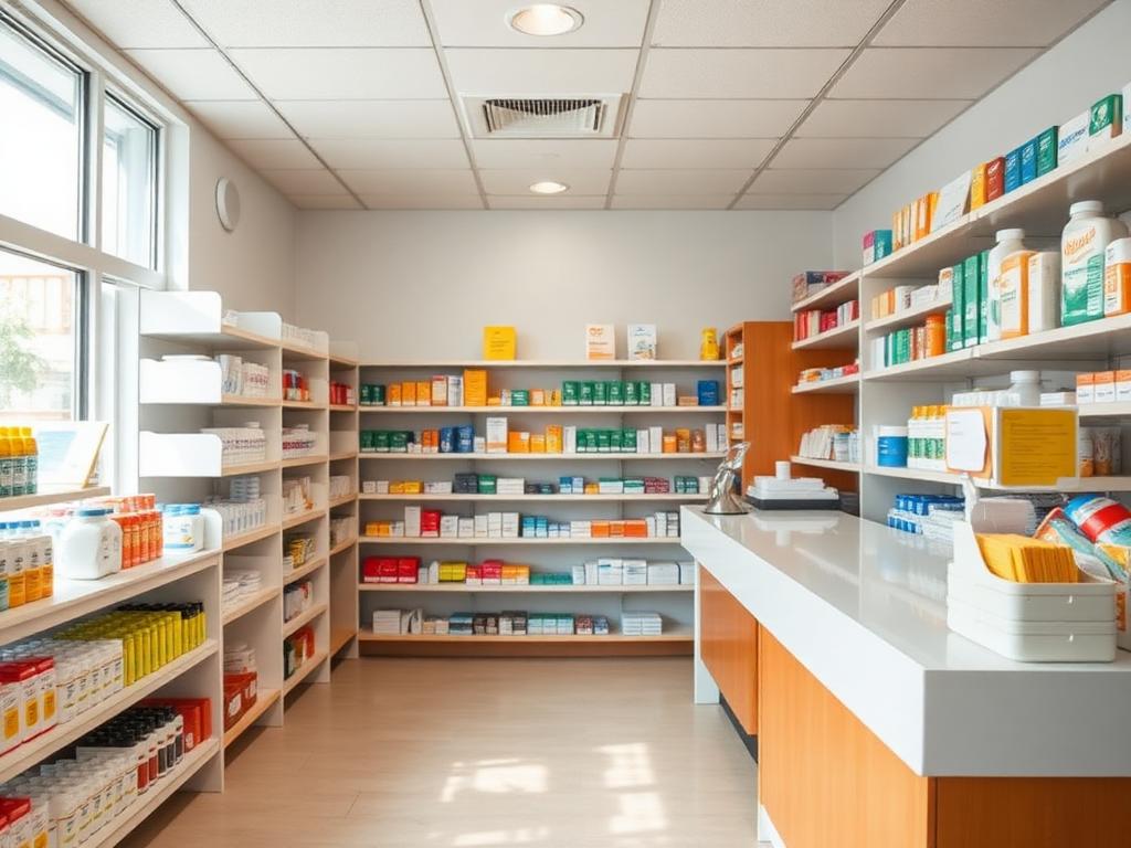 Friendly local pharmacy interior with neat product shelves
