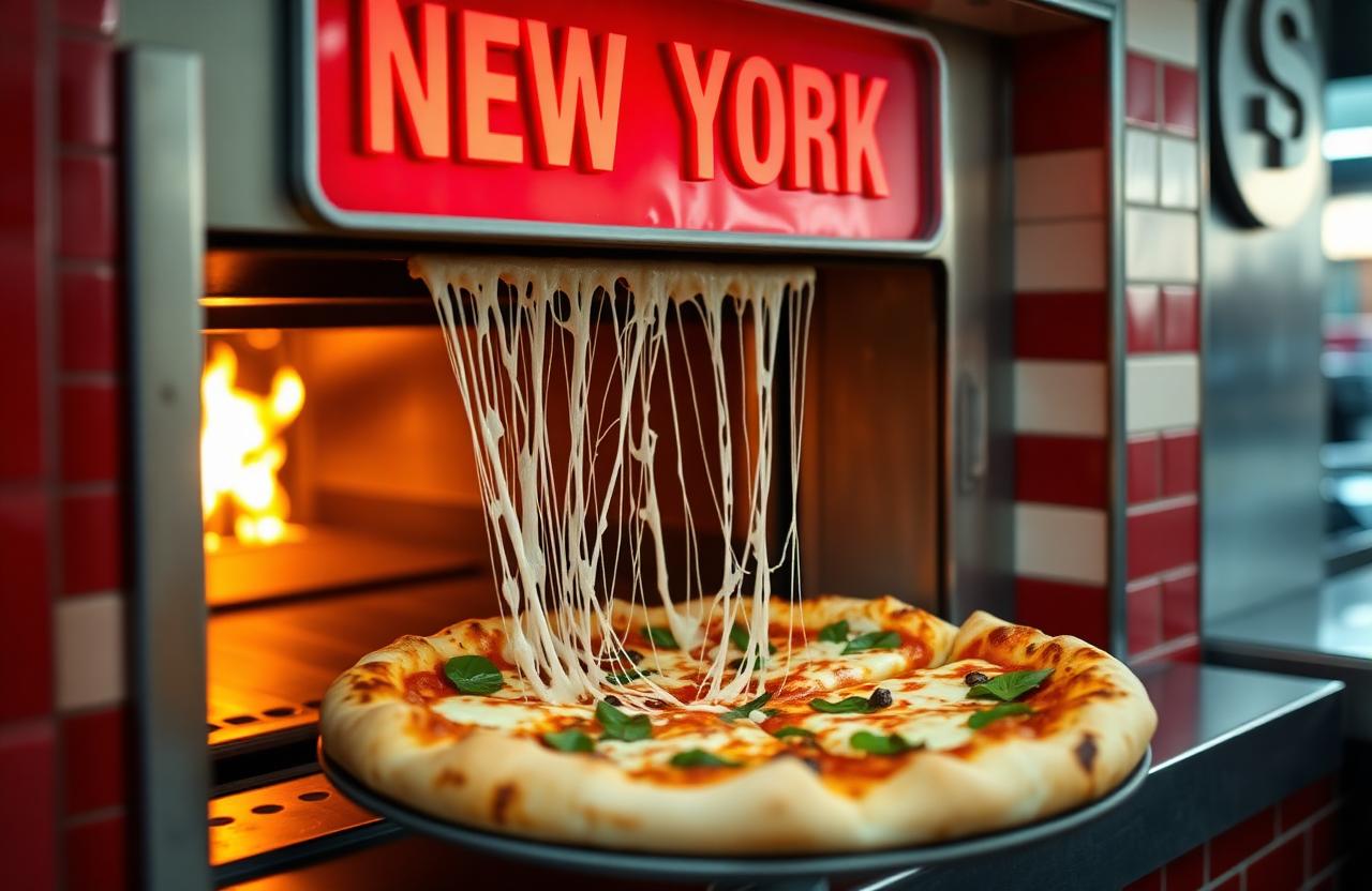 Hot New York pizzeria pizza pulled from oven with cheese stretching