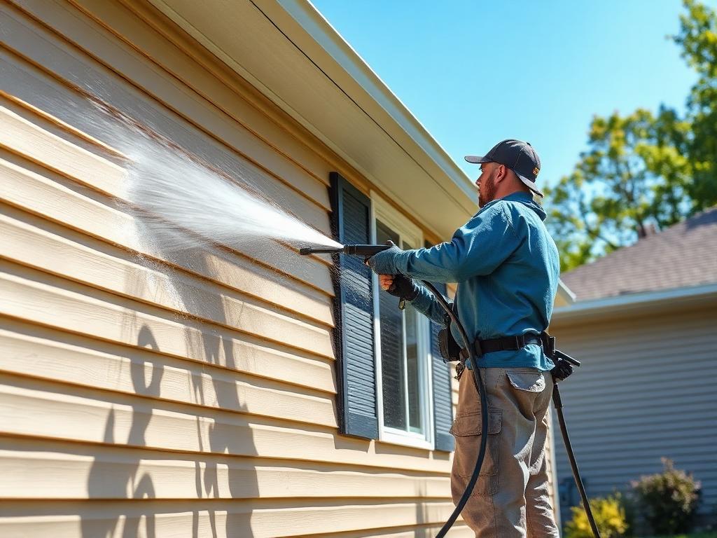 Worker power washing house siding with pressure washer
