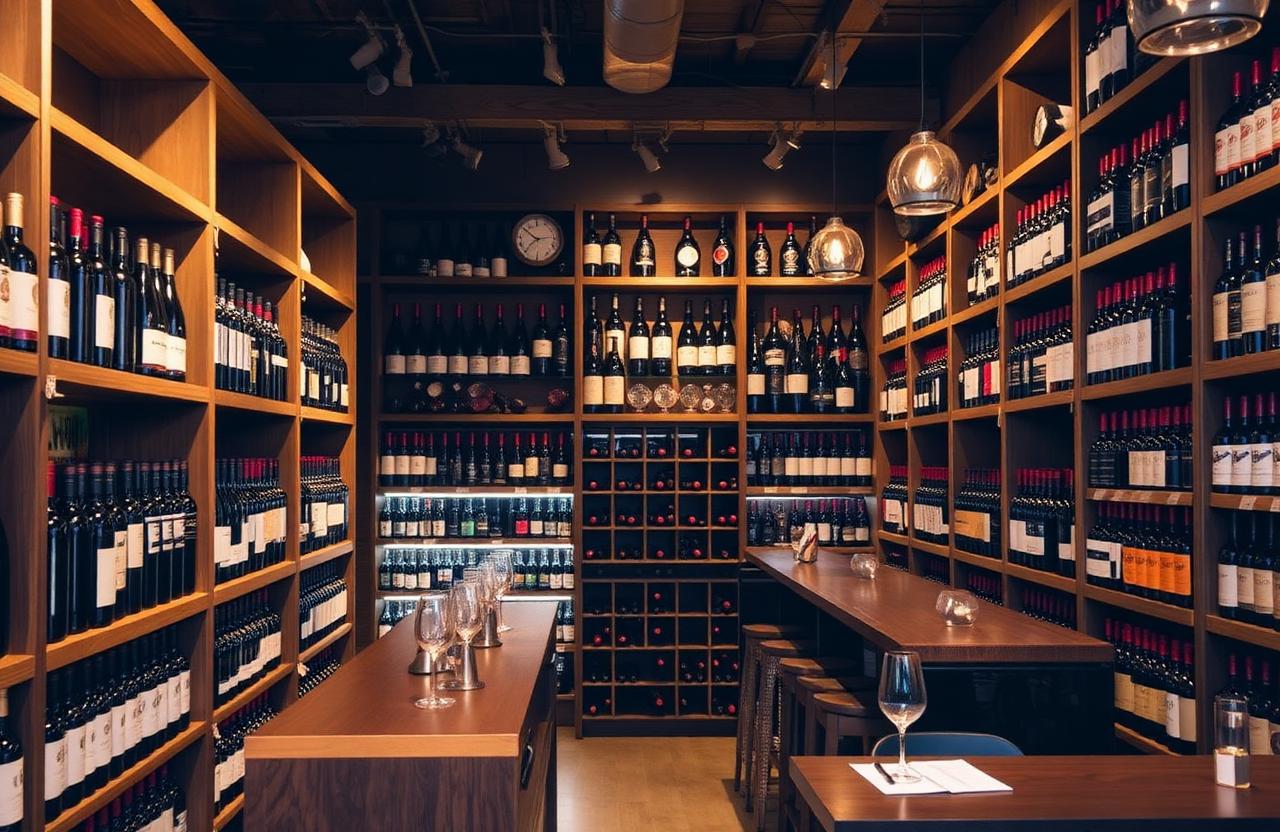Curated wine and spirits store with wooden shelves of diverse bottles