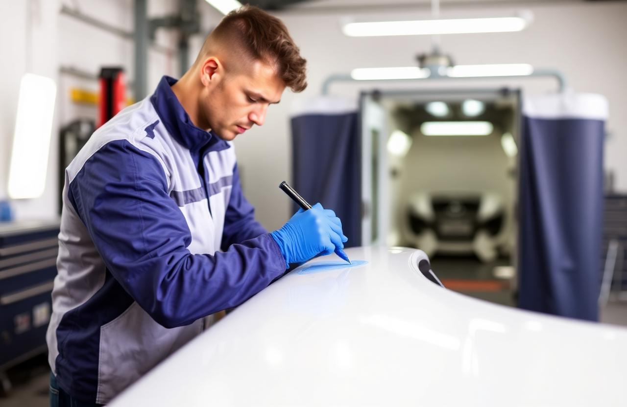 Auto body technician inspecting and color-matching a vehicle in a collision repair facility