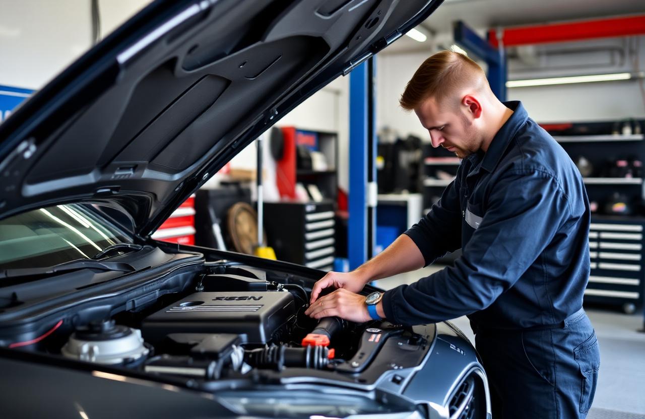 Mechanic working under the hood of a European sedan in a clean professional garage