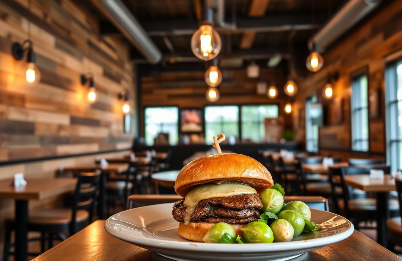 Rustic American grill restaurant interior with reclaimed barnwood walls