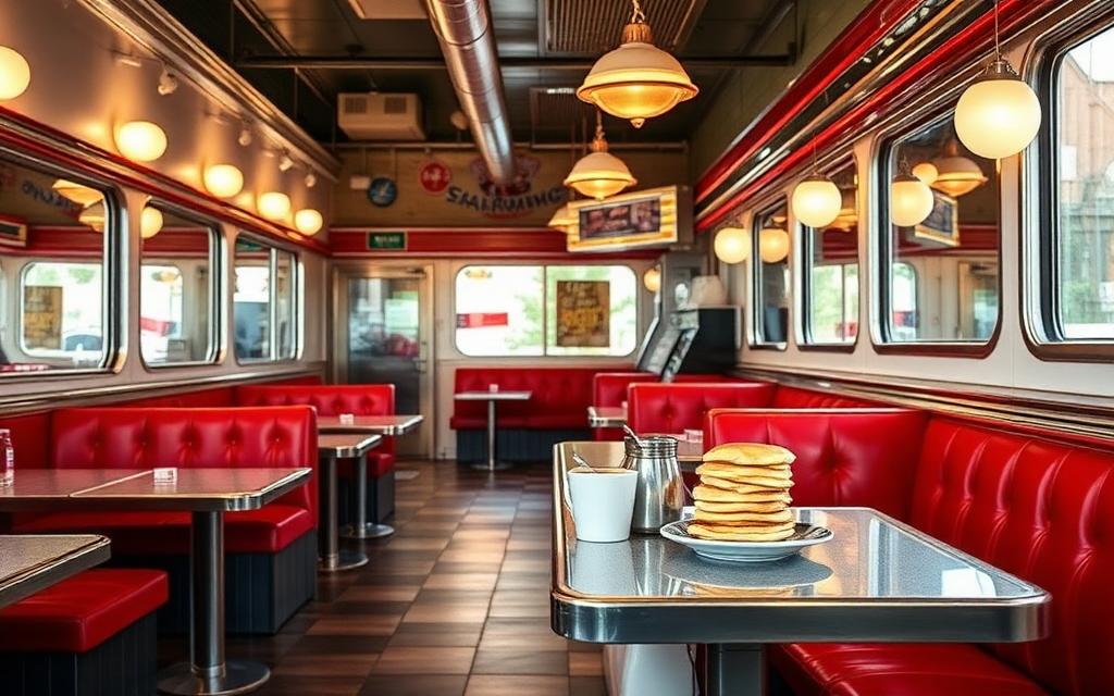 Classic American diner interior with red booths