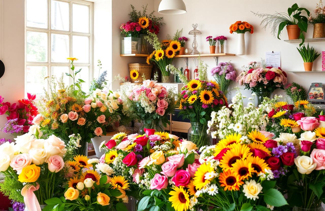 Charming florist shop interior overflowing with fresh flower bouquets