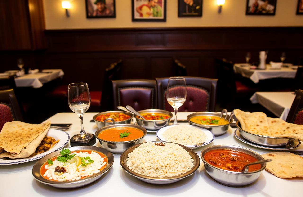 Indian and Nepalese restaurant table set with curries, naan, and basmati rice