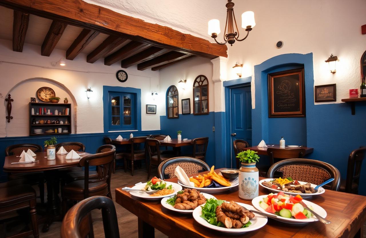 Greek taverna interior with traditional Greek dishes on a wooden table