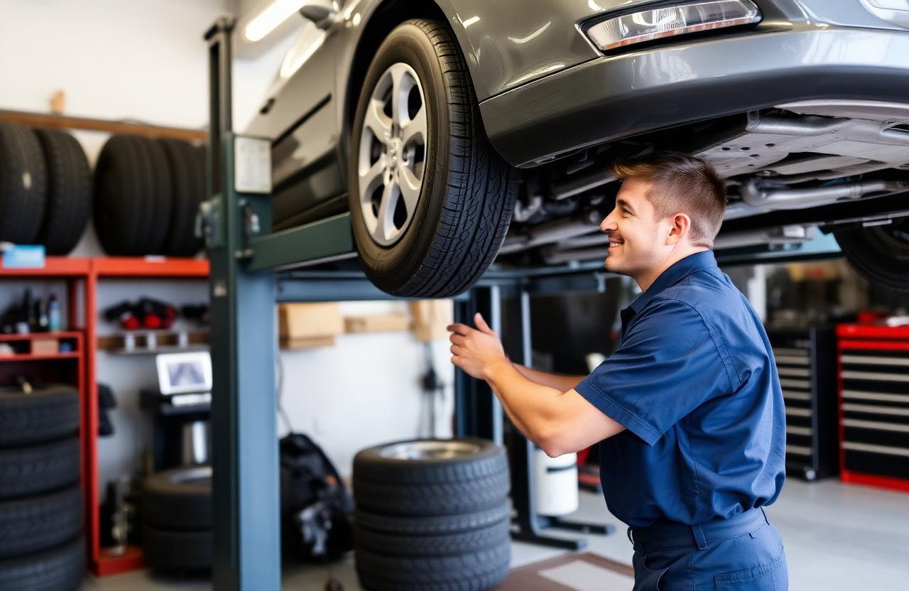 Mechanic inspecting a car on a lift in a clean tire and auto repair shop