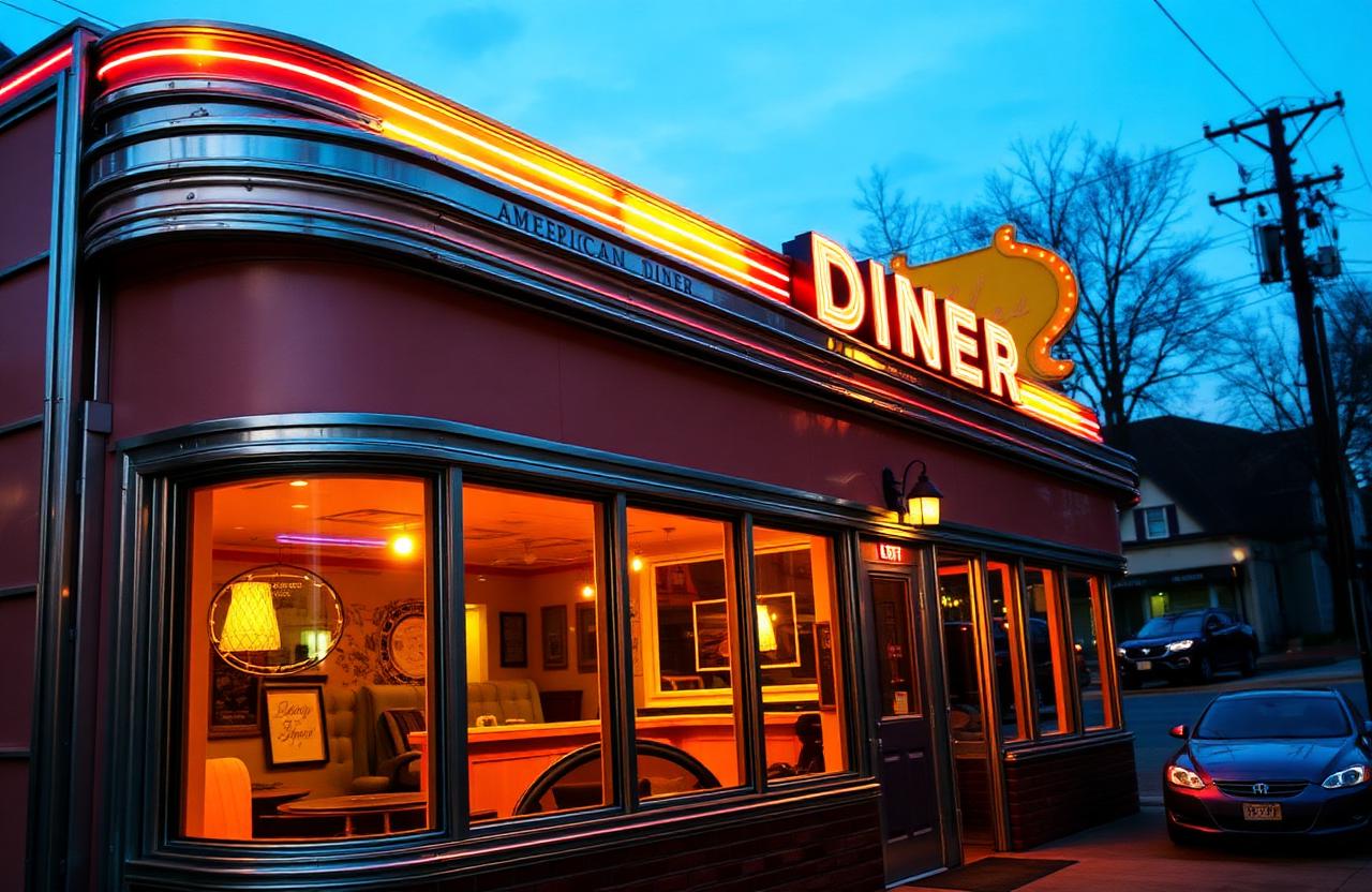 Classic American diner with chrome trim and neon sign at dusk