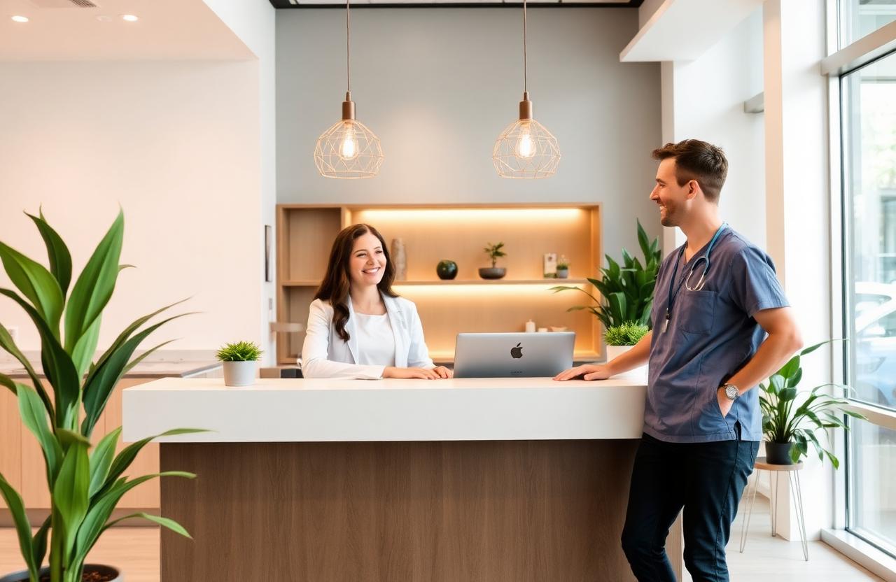 Modern bright dental office reception with friendly staff